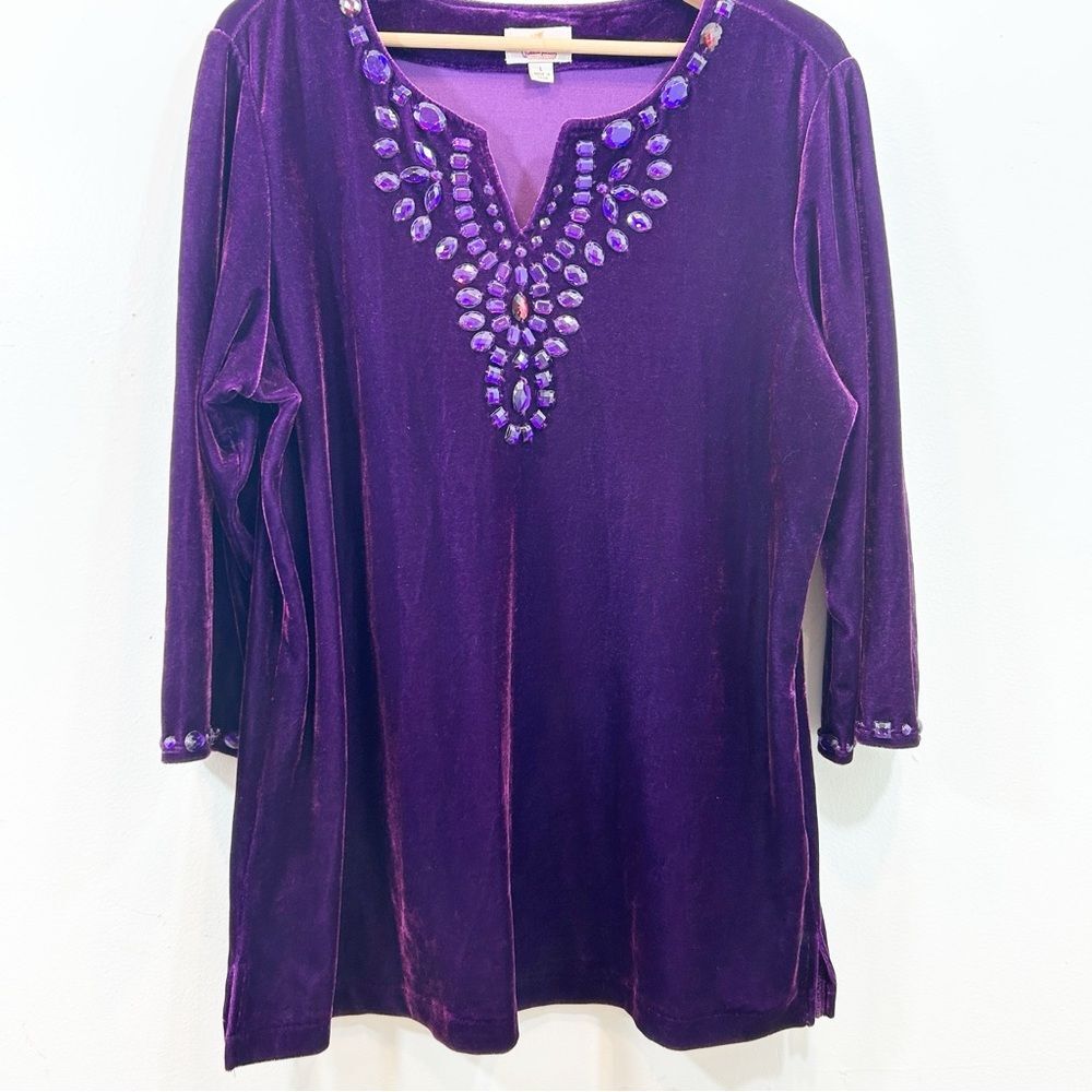 Quacker Factory Deep Purple Velvet Tunic Top with Jewel Accents Holiday Party